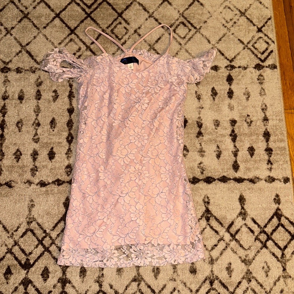 Pink and blue lace off the shoulder dress